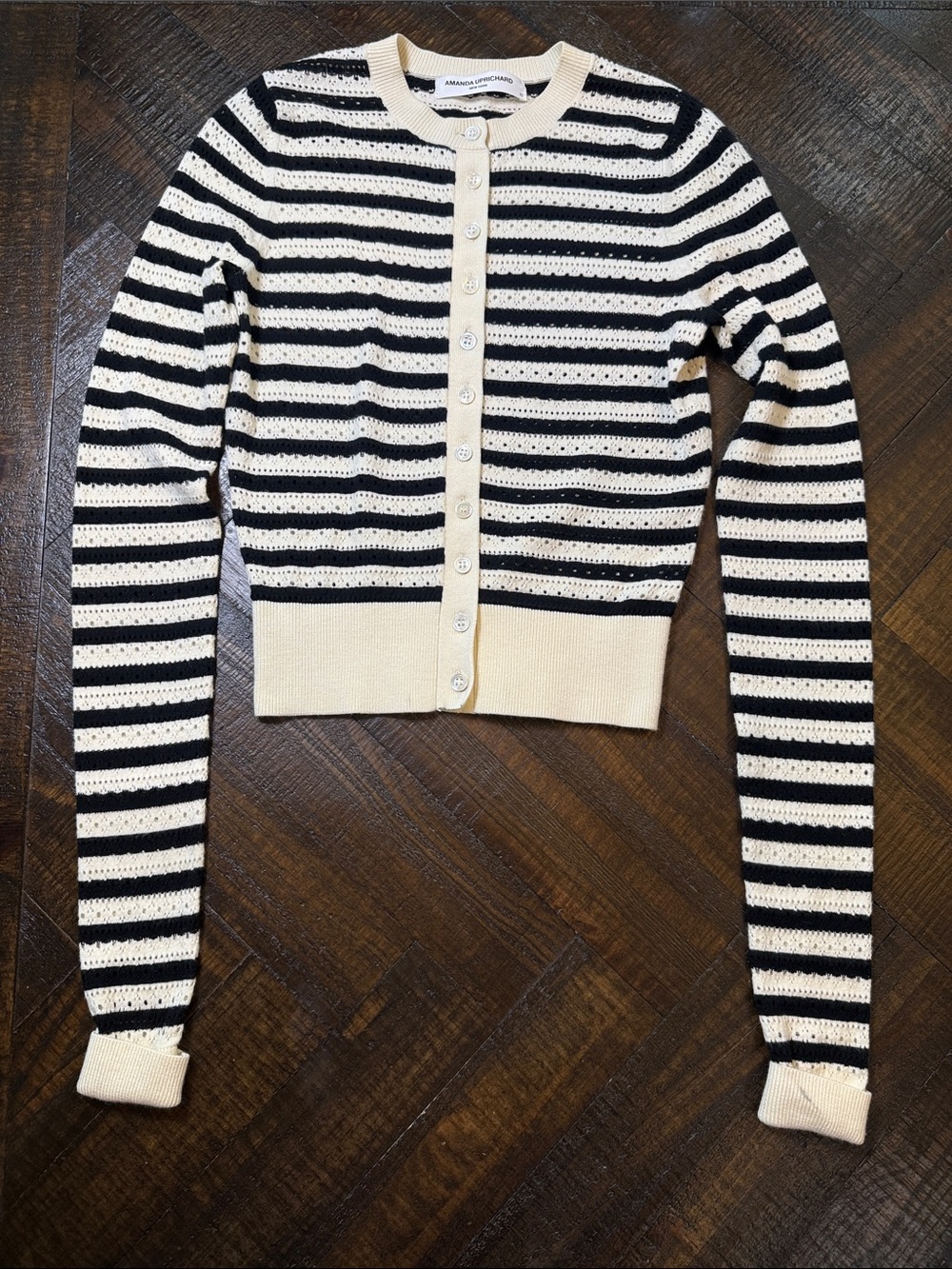 Amanda Uprichard Seine Cardigan XS Black Cream Striped Pointelle Crop - Picture 5 of 10